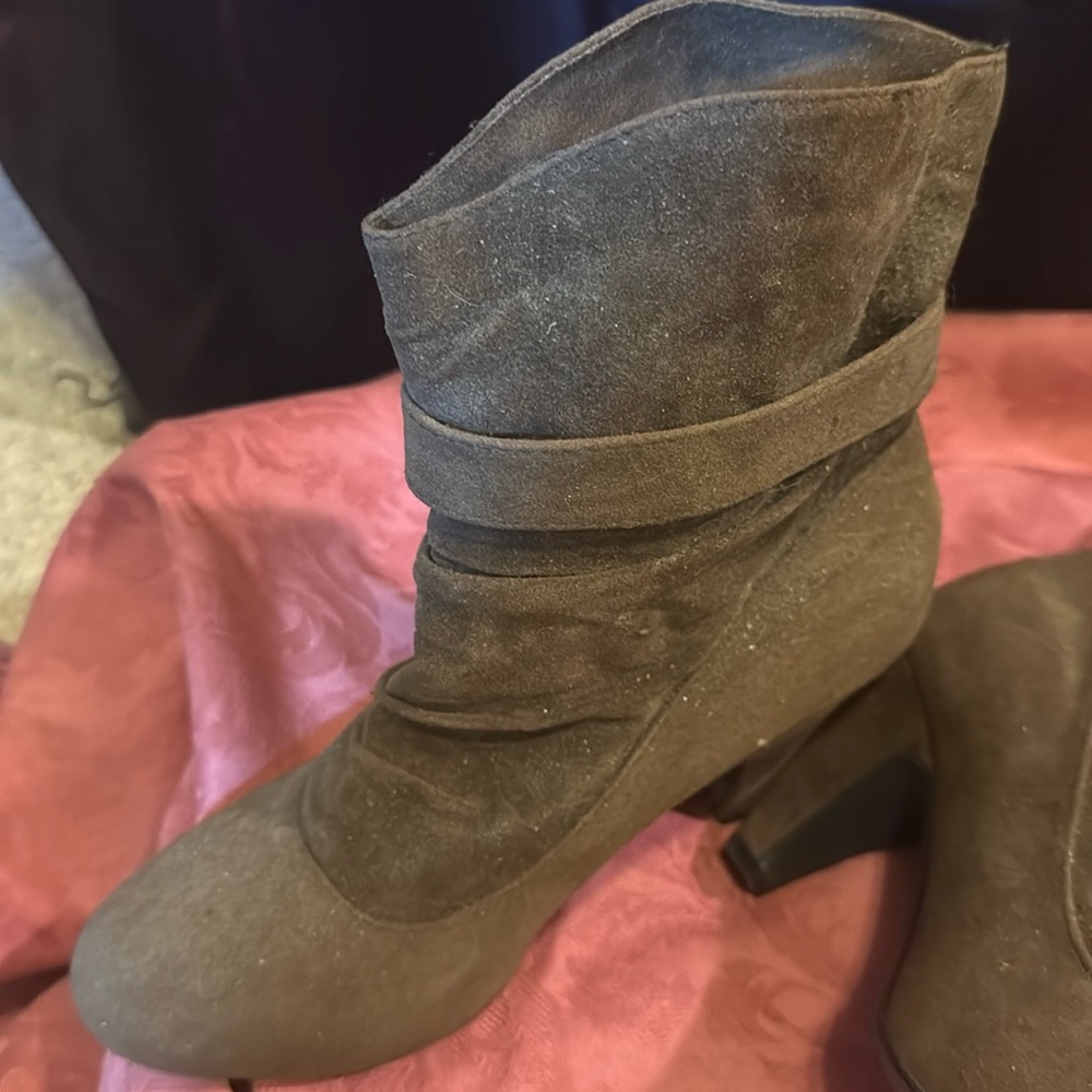 Brown suede ankle boots w/ strap & buckle small heel WORN FOR 1/2 Hour